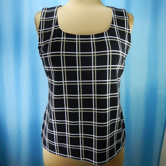 Calvin Klein Taupe & White on Black Scoop Neck Sleeveless Career Top Size Lg EUC - Picture 1 of 12